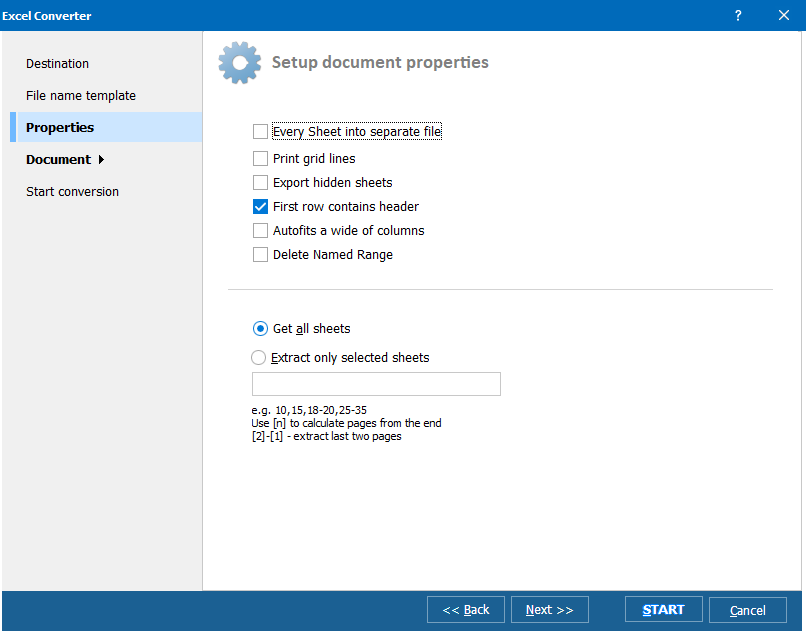 Propriedades do Total Excel Converter