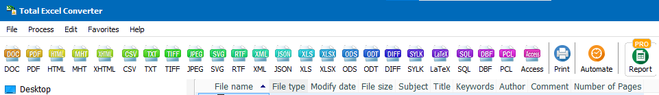 Barra de ferramentas do conversor total do Excel