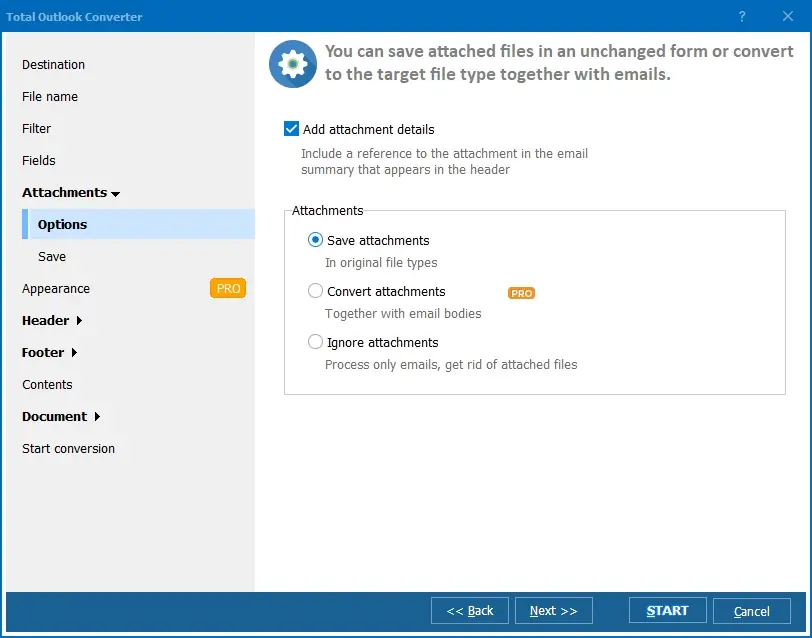 Conversion settings in Total Outlook Converter